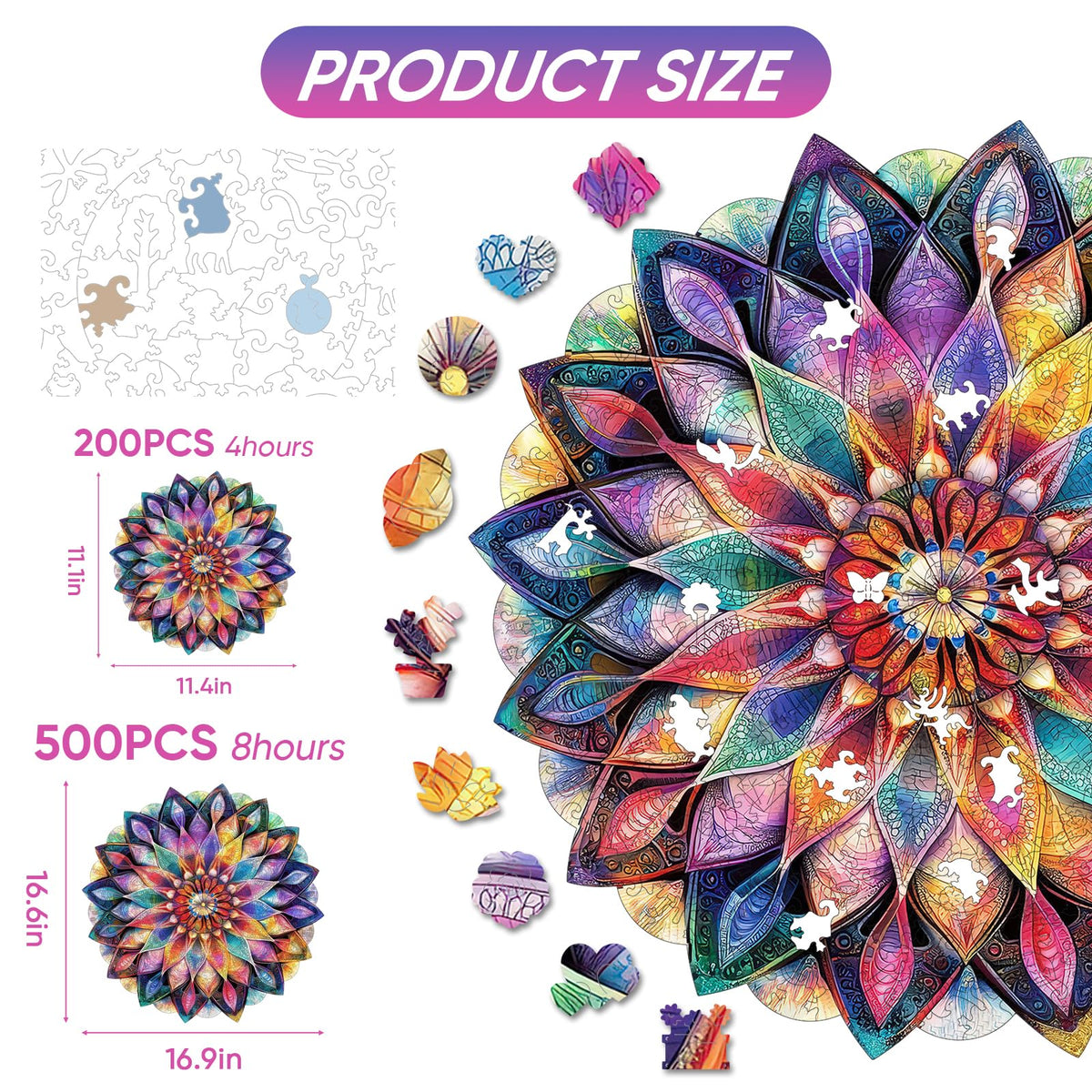 Colorful Crystal Flower Wooden Jigsaw Puzzles for Adults Puzzles 500Pcs Unique Irregular Shape Cut Puzzles for Family and Couples on Birthday (Crystal Flower / 500 pieces)