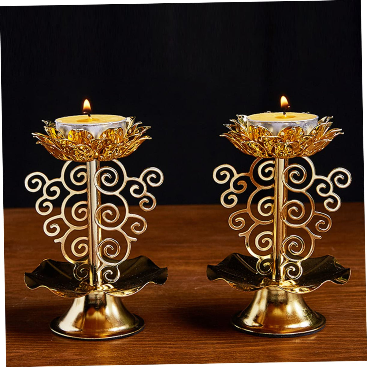 4pcs Lotus Alloy Candle Holder Decorative Buddhist Candlestick for Living Room Temples and Home Unique Creative Design for Elegant Centerpiece (Goldenx4pcs / 11.5x7.5cmx4pcs)