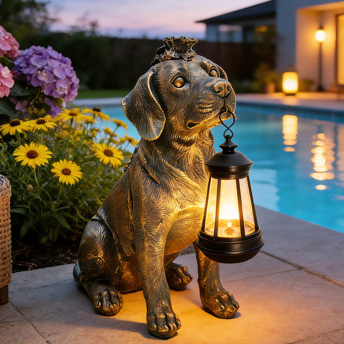 Garden Statue Dog Figurine Decor with Solar Lights 11in Outdoor Decoration (Bronze - Dog with Lantern)