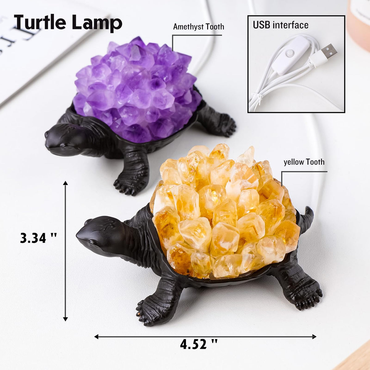 Natural Yellow Tooth Turtle Night Lamp Healing Crystal Bedroom Bedside Table Lamp USB Port Home Decor Women Men Gift (Yellow)