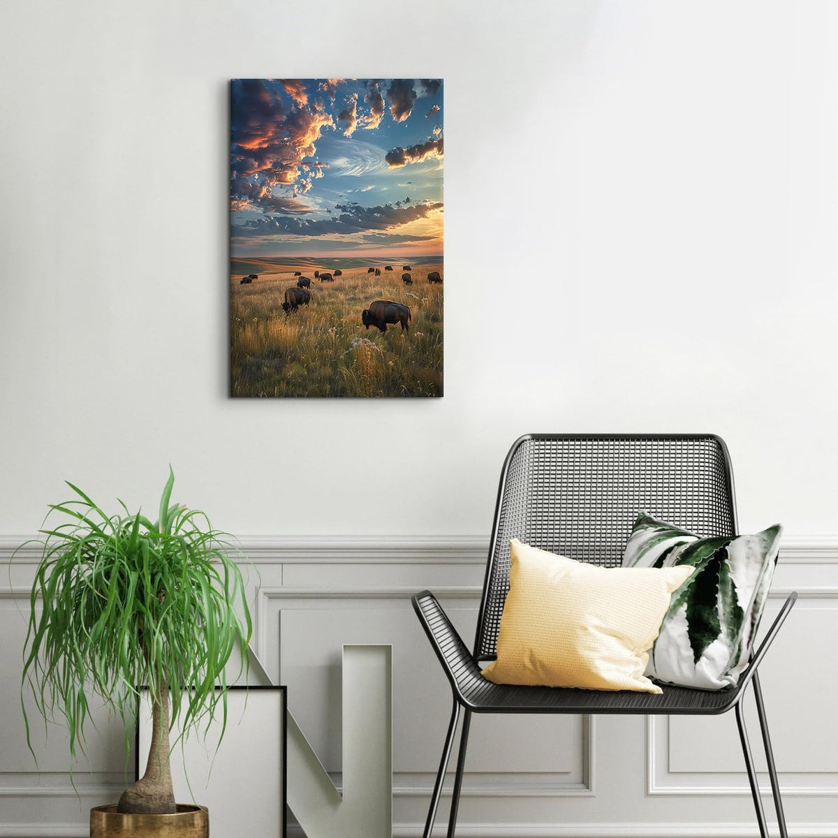 American Bison Wall Art Sunset Tallgrass Prairie National Park Poster Cow Pictures Canvas Wall Decor Nature Wilderness Landscape Painting Artwork for Living Room Office Home Decorations 16x24" (24"L x 16"W / Tallgrass Prairie)