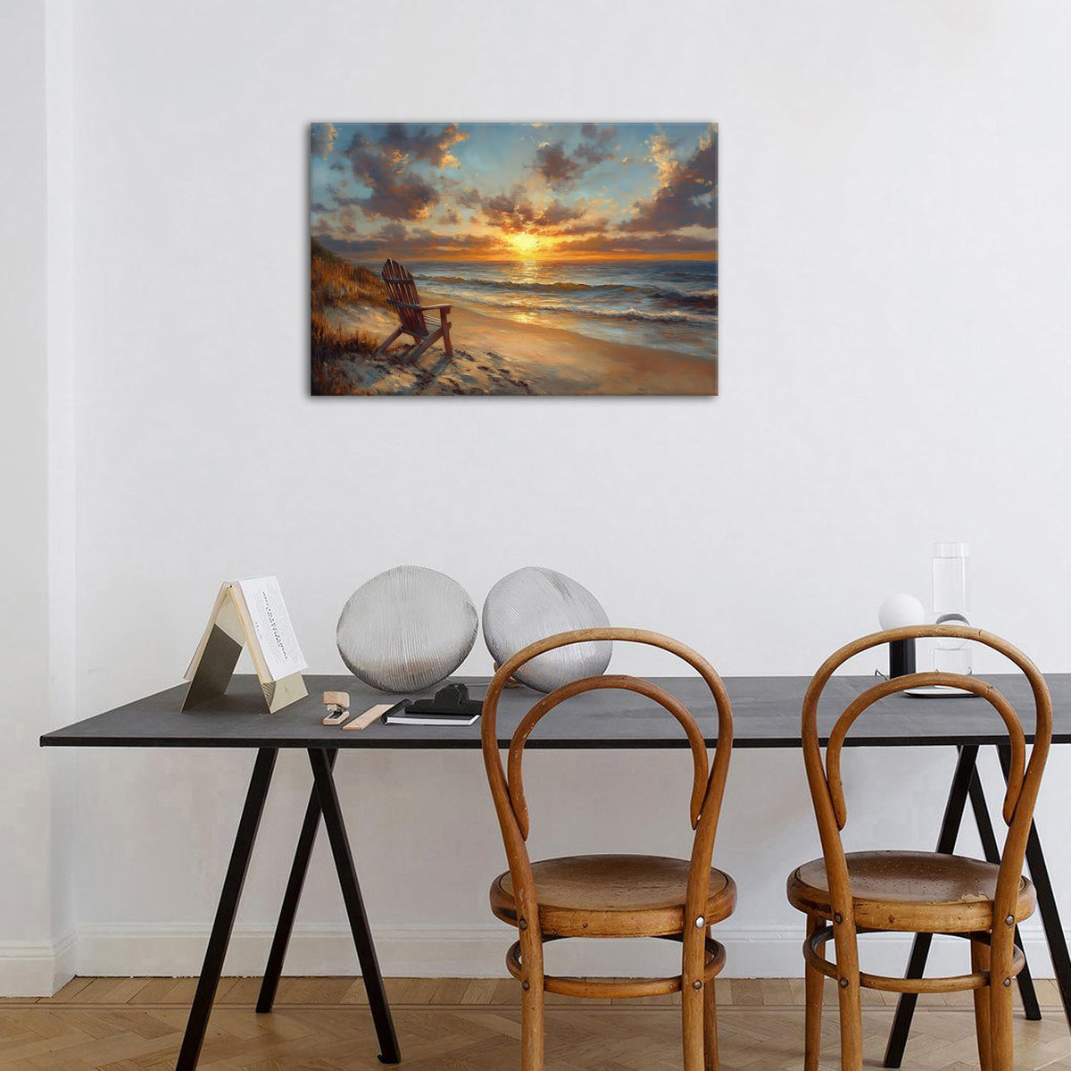 Sunset Beach Canvas Wall Art Living Room Abstract Ocean Nature Artwork Print Beach Chair Coastal Picture Poster Nautical Natural Landscape Painting for Bathroom Office Vintage Home Decorations 16x24” (24"L x 16"W / Beach)