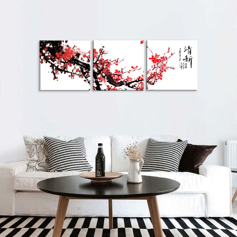 Plum Blossom Painting Cherry Blossom Decor Canvas Prints 3 Piece Chinese Calligraphy Wall Art Chinese Motifs in Contemporary Design Poem Canvas Home Decor Framed Flowers Kitchen Decor (Pum / 16x16 inches (3 pieces))