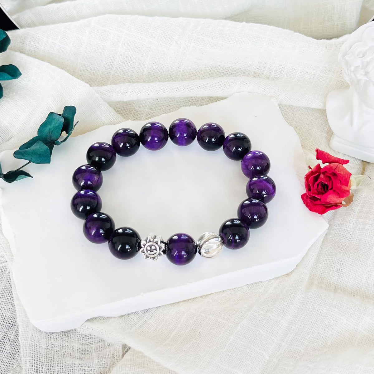 Natural obsidian bracelet (Purple Tiger Eye + 925 Silver(12mm)-1 Pcs)
