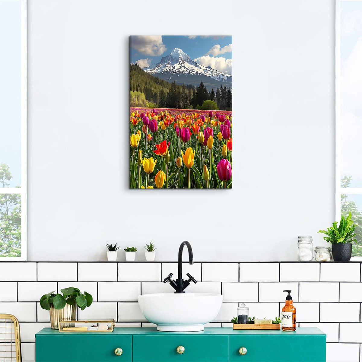 Yellow Tulips Flower Wall Art Mountain Landscape Wall Decor Colorful Flowers Field Canvas Prints Nature Forest Pictures Mt Hood Mountains Scenic Artwork for Office Bedroom Home Decoration 16x24" (24"L x 16"W / YellowTulips)