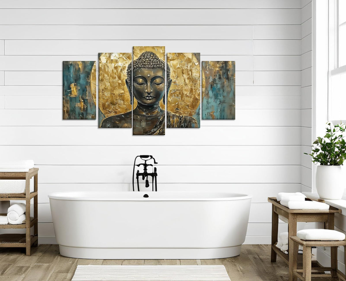 Buddha Canvas Wall Art 5 Piece Zen Wall Decor Vintage Cyan and Gold Buddha Picture Meditation Painting Buddhism Prints for Yoga Spa Spiritual Room Decor Framed (80x40 inch / Picture-7)