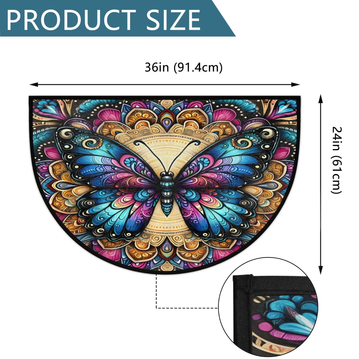 Half Round Doormat Butterfly Boho Colorful Semi Circle Rug Non Slip Indoor Outdoor Entrance Half Moon Rug Washable Front Floor Mat for Kitchen Bathroom Patio Fireplace Holiday Decor (B06:butterfly Boho)