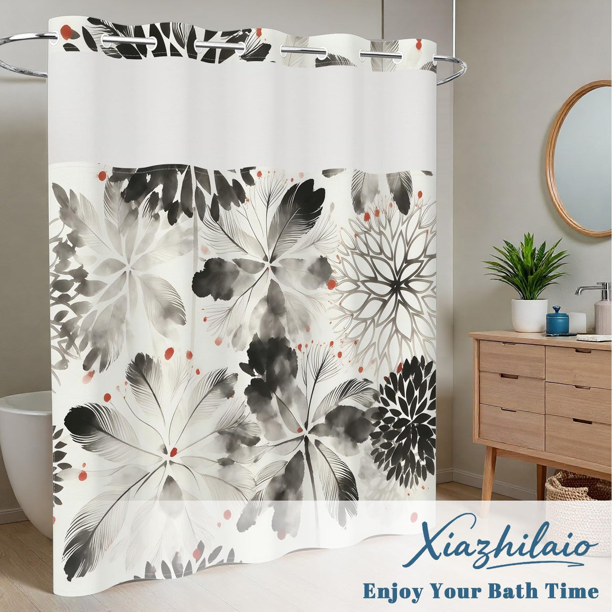 Black Floral Shower Curtain with Snap in Liner (Ink Wash Flower)