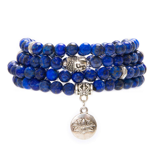 108 Mala Beads Necklace Beaded Wrap Bracelets Genuine Gemstone Mala Prayer Beads Lotus Charm Yoga Meditation Necklace (Lapis Lazuli-Lotus OM-Buddha)