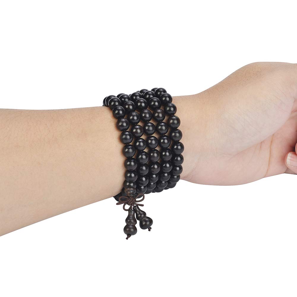 mala beads bracelet 108 8mm Beaded Necklace sandalwood elastic (Gourd - 8mm Black Sandalwood)