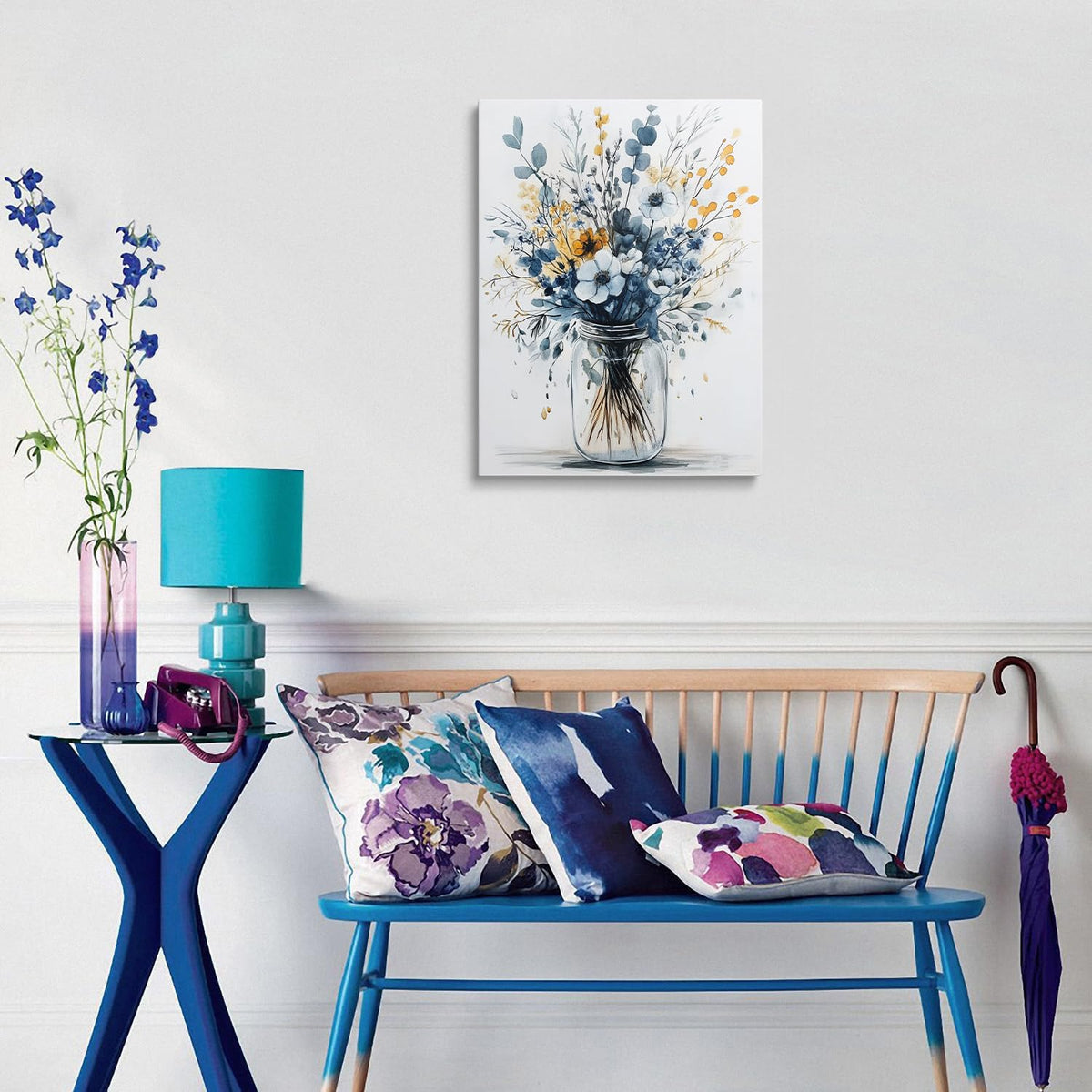 Framed Navy Blue Prints Vintage Daisy Floral Picture Wall Decor Gift Modern Poster Retro Simple Rustic Flower Canvas Wall Art Wildflower Painting for Living Room Bathroom Artwork (Floral / 16"L x 12"W)