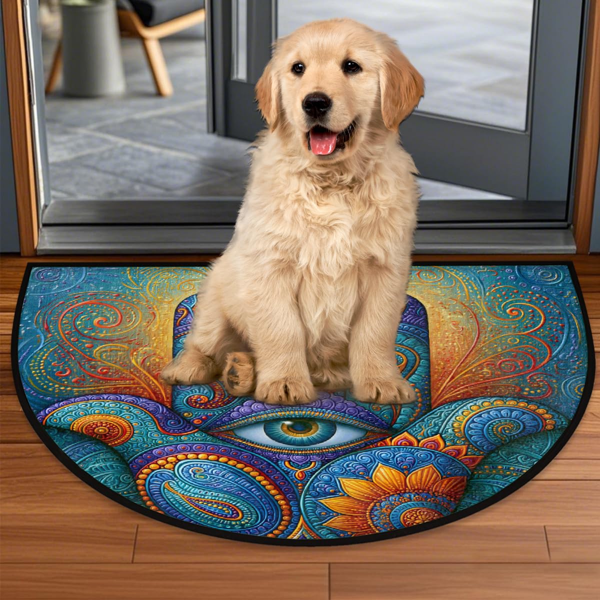 Hamsa Half Round Doormat Semi Circle Rug Non Slip Half Moon Rug (D01:boho 03)