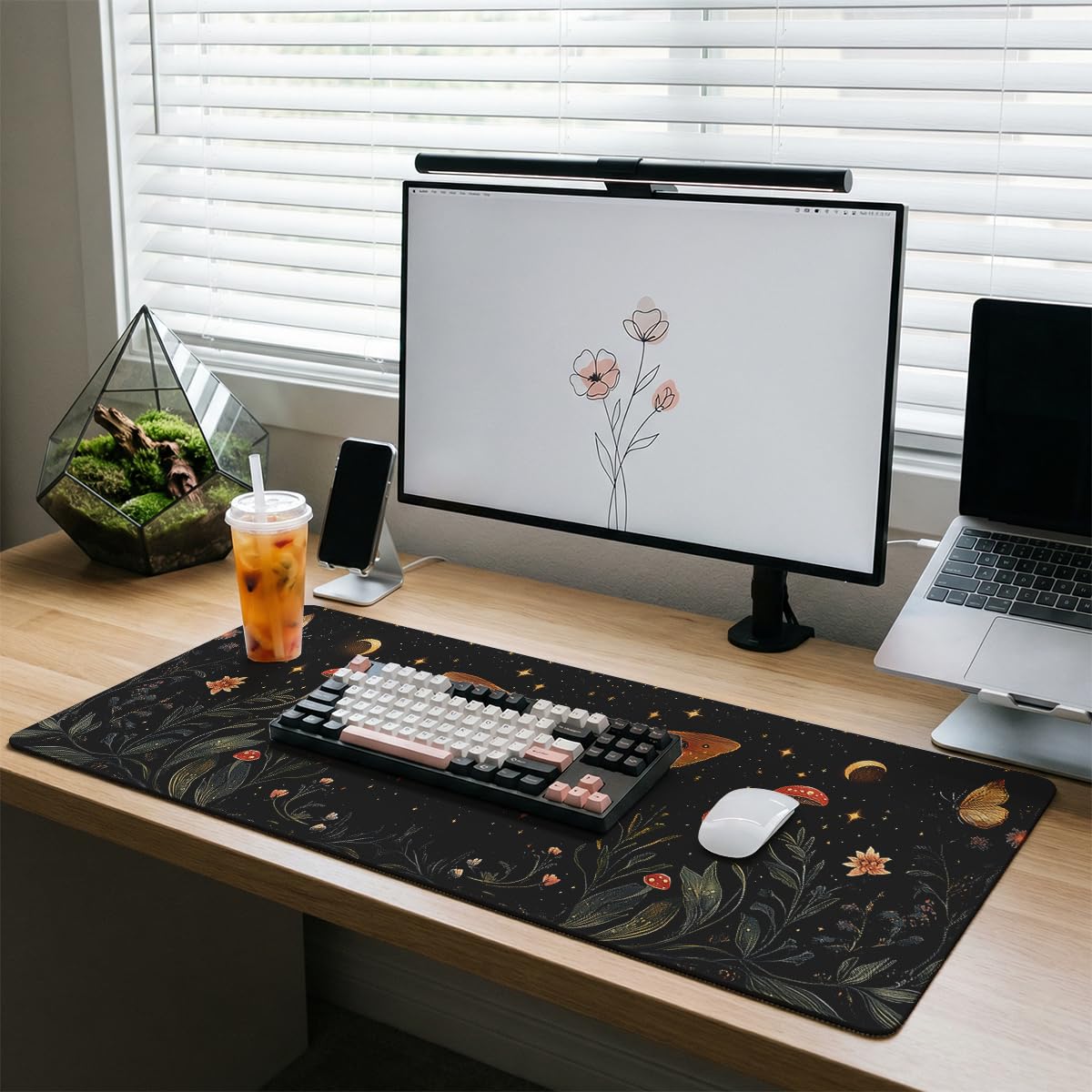 Celestial Moth Large Gaming Mouse Pad Vintage Mushroom Floral Moon Desk Mat (Celestial Moth / 35.4L x 15.7W inches)