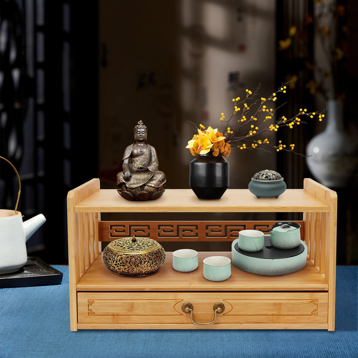 Storage Tables Altar Table with Drawer Meditation Table Bamboo Puja Tables Chinese Style Desk for Meditation (20.4*9.8*11in / Wood Color)
