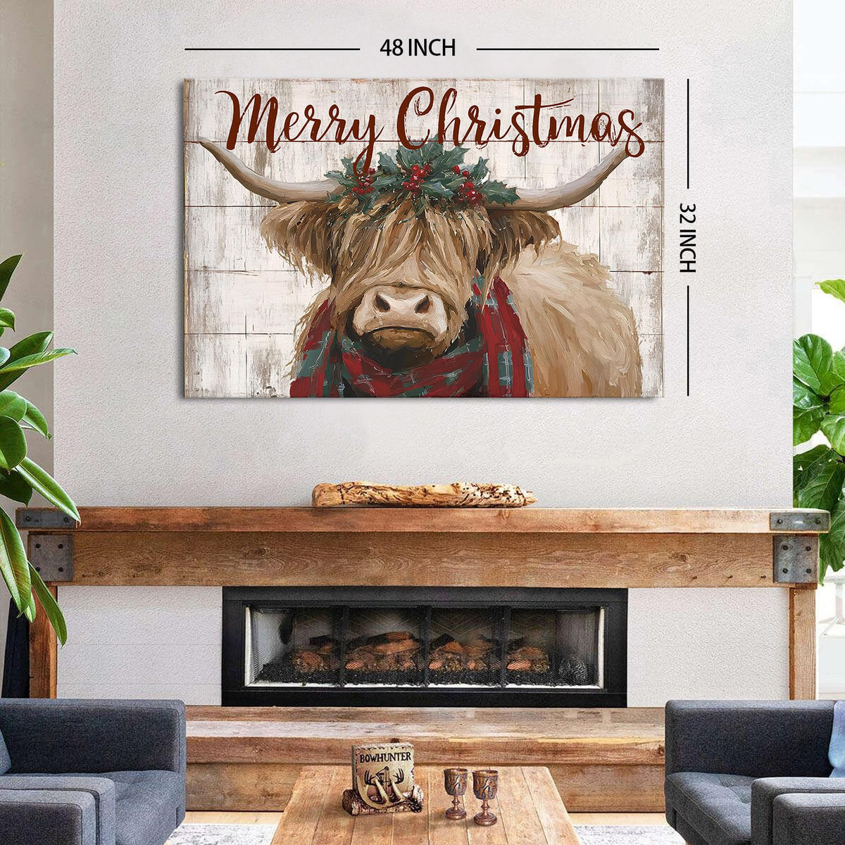 Merry Christmas Wall Art Farmhouse Highland Cow Pictures Wall Decor for Living Room Rustic Country Farm Animal Canvas Prints Vintage Christmas Artwork for Kitchen Dining Room Home Decorations 32x48" (48"L x 32"W / Xmas Cow)