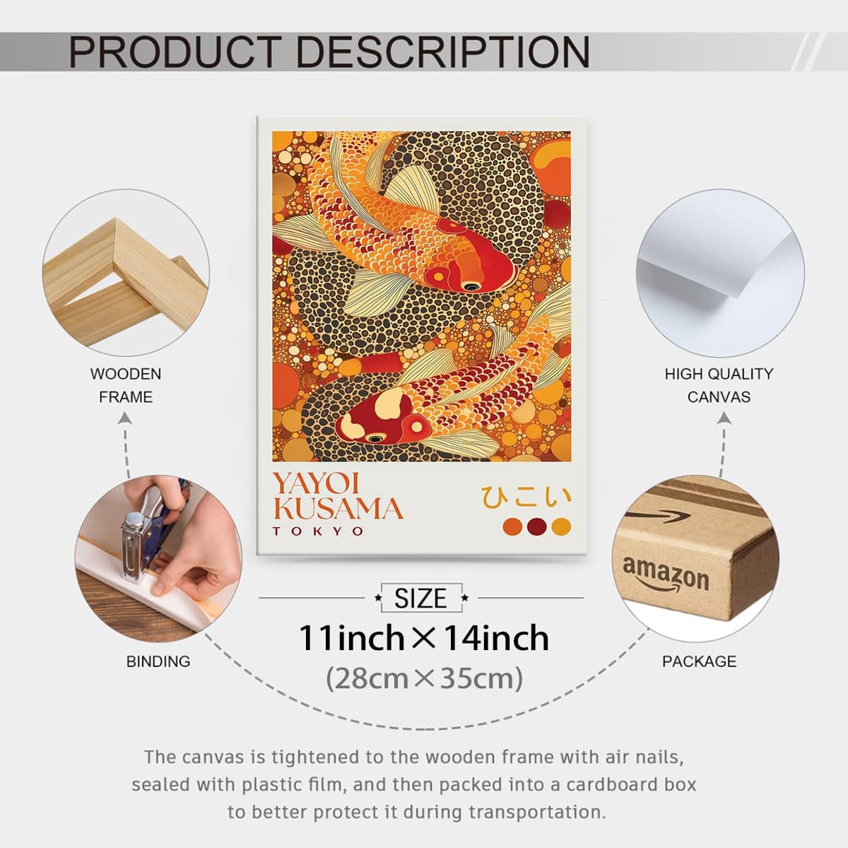 Yayoi. Kusama Framed Wall Art 11x14 inch Japanese Home Decor Vintage Koi Fish Posters Dot Picture Prints Colorful Fish Painting for Asian Bedroom Bathroom Living Room Hallway (Wrapped Canvas / Japanese Art 010 / 14"L x 11"W)