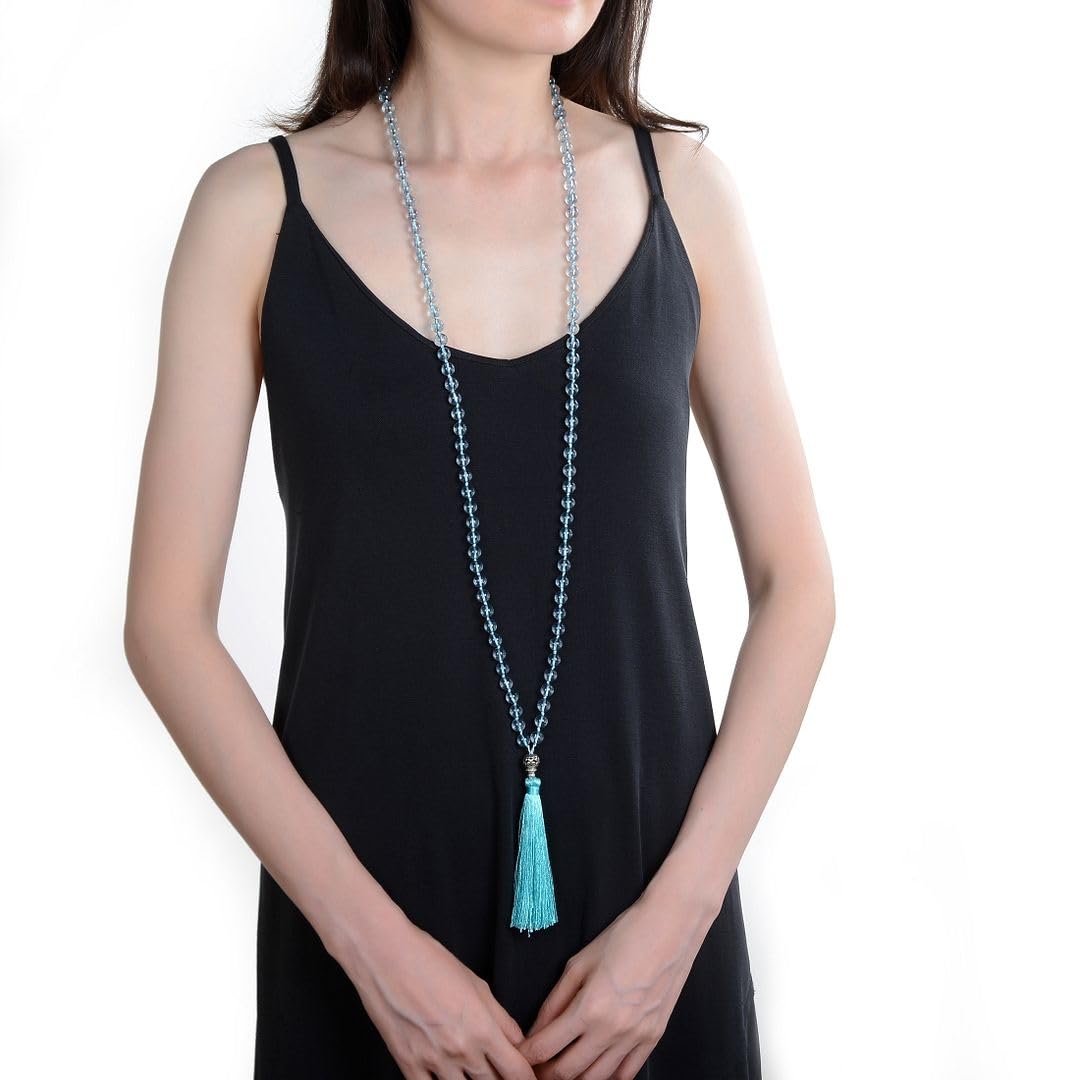 Real 108 Mala Beads 8mm Light Blue Topaz Stone Beaded Necklace (Light Blue Topaz)