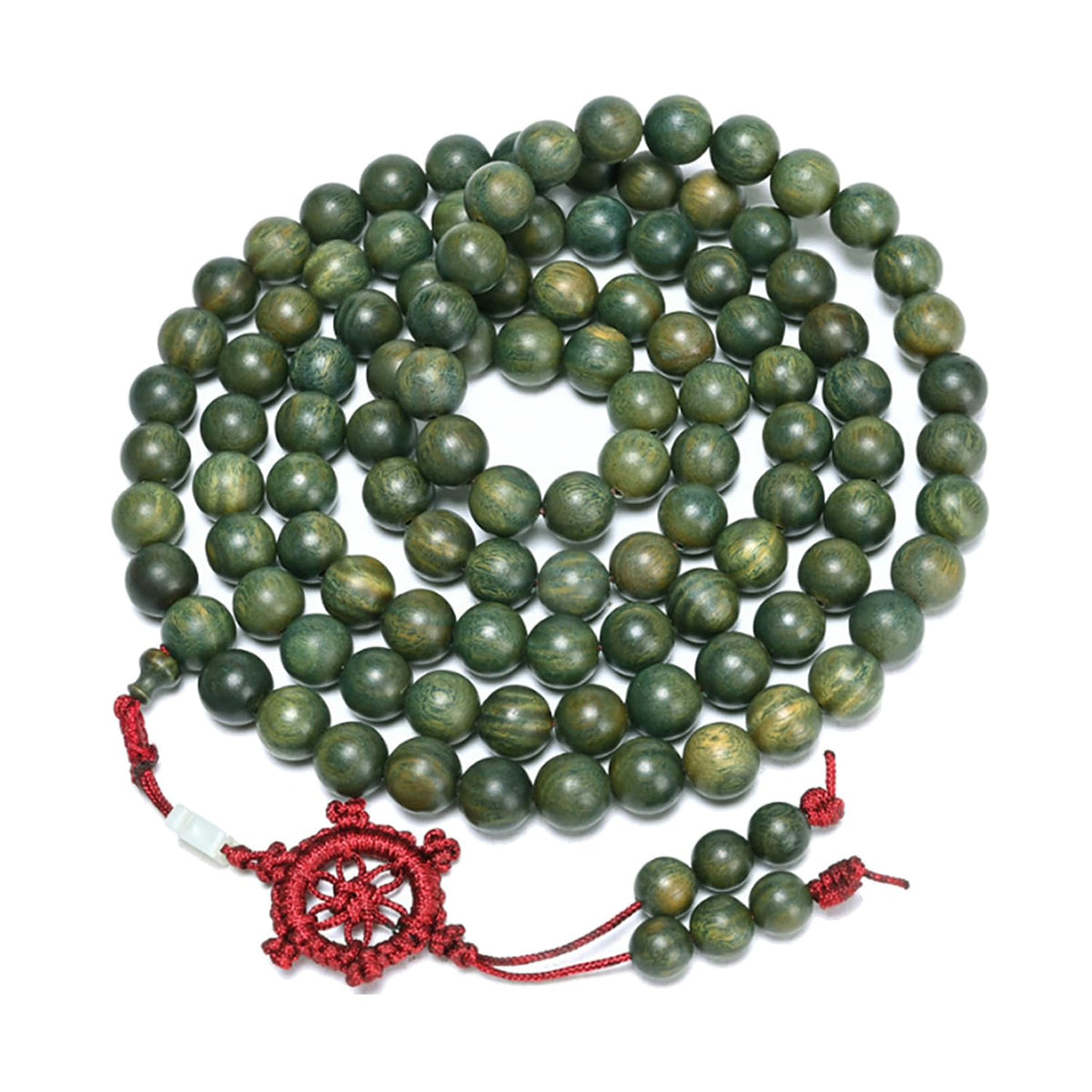 12mm Natural Green Sandalwood 108 Mala Beads Necklace for Men Buddhist Prayer Beads Bracelet with Dharmacakra (12mm Beads)
