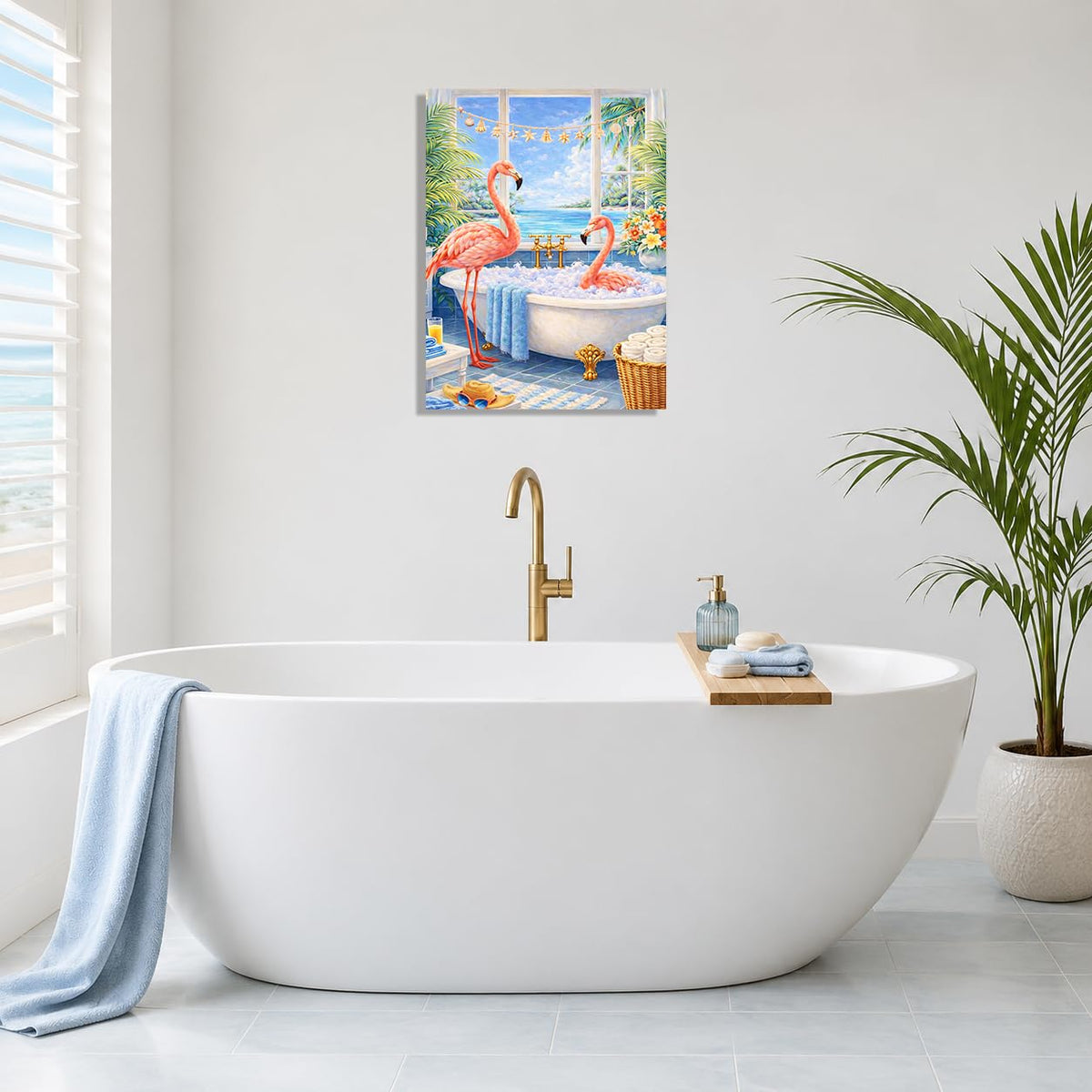 Bathroom Flamingo Wall Art Pink Flamingo in Bathtub Wall Decor Coastal Canvas Painting Pictures for Bathroom Toilet 12"x16" (Bathroom Flamingo / 16"L x 12"W)
