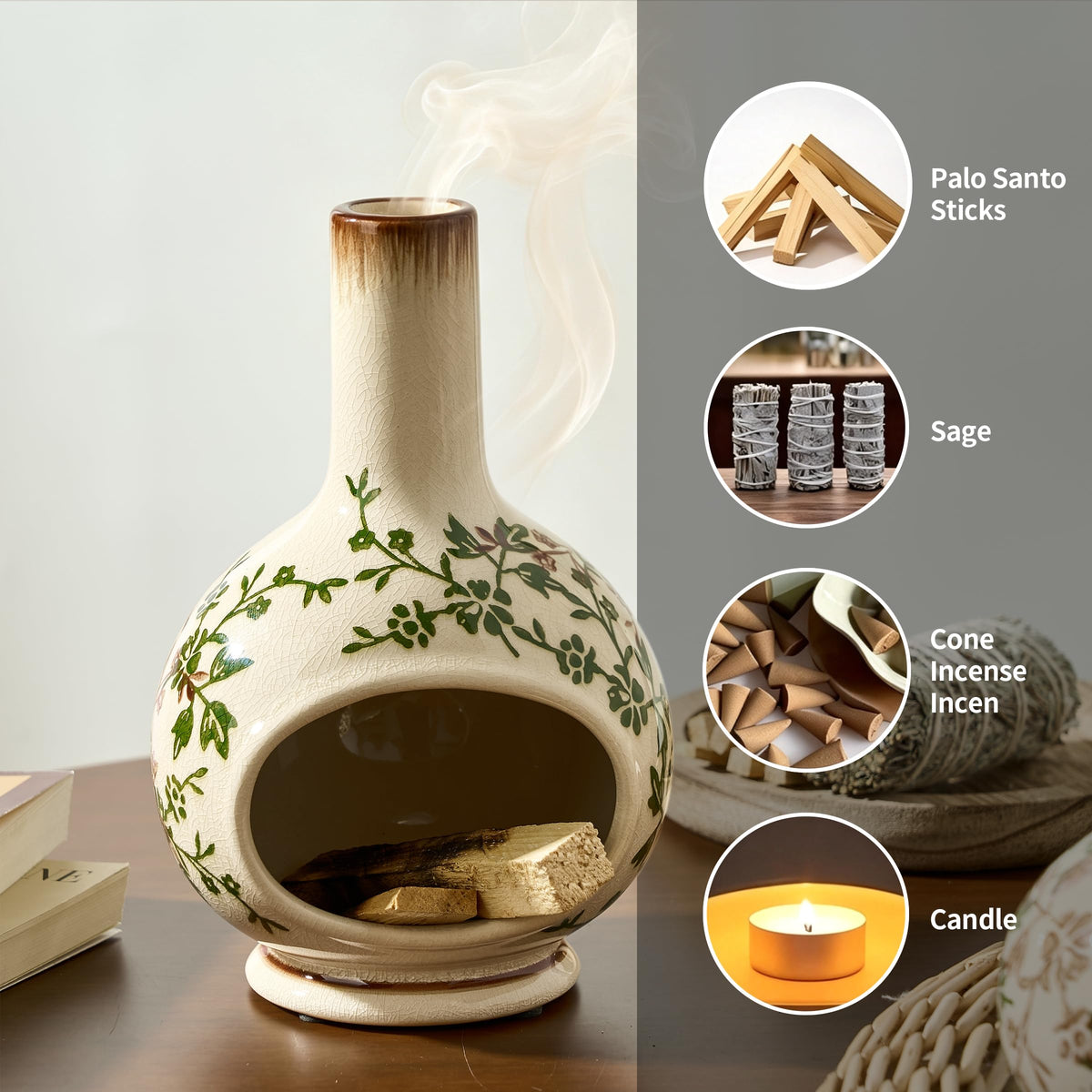 Handmade Ceramic Incense Holder (Green and Beige / 7.5 inches Tall)