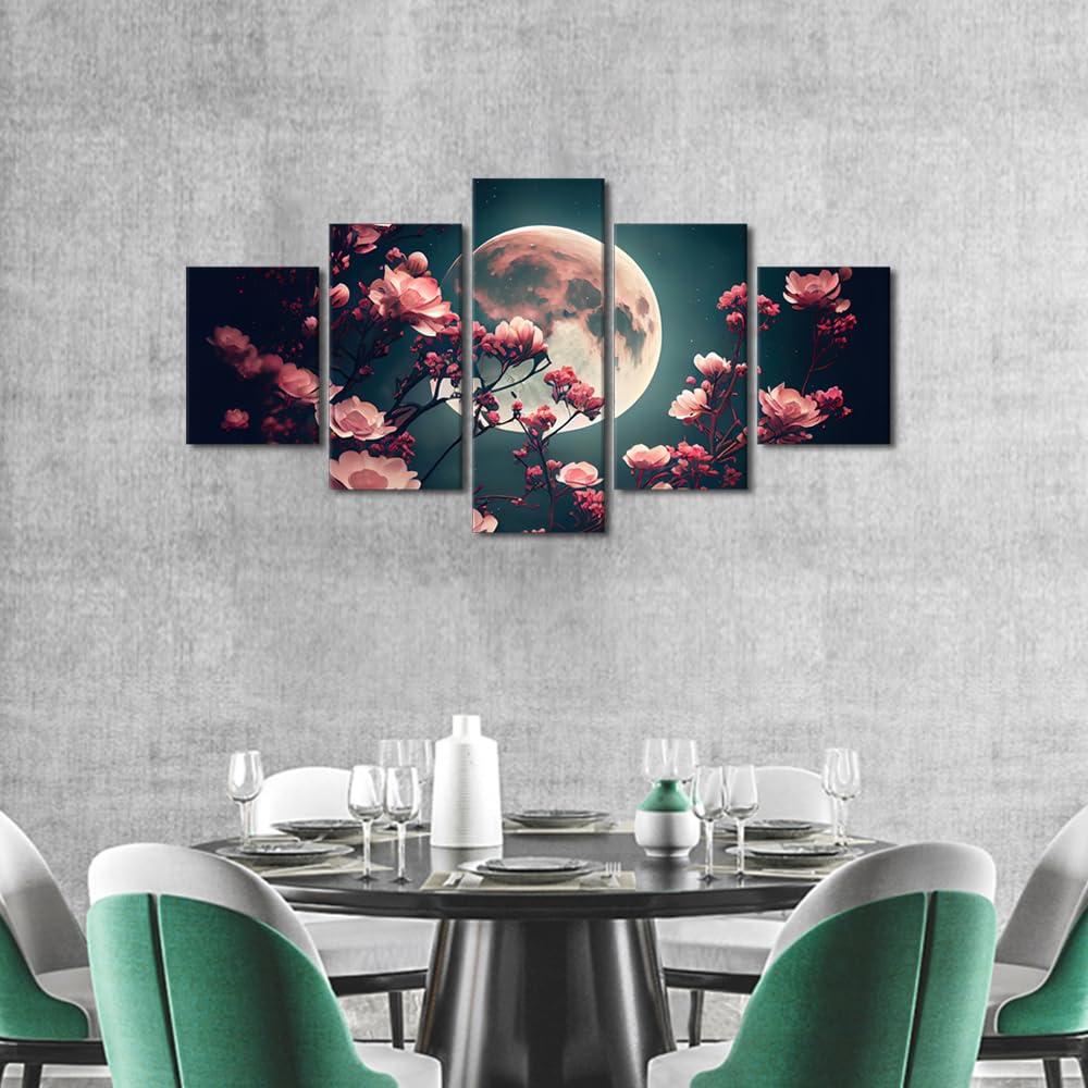 Wall Art Canvas Print Enchanted Pink Flower Garden Under Moonlight Large Framed Poster Floral Artwork Modern Home Decor For Dining Room Office Decoration Ready To Hang 60"Wx32"H‌ (60''Wx32''H / Artwork-02)