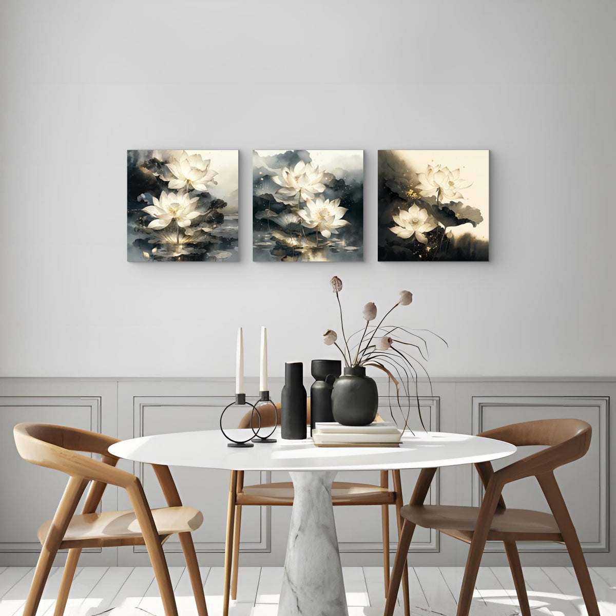 3Pcs White Lotus Flowers Ink Wash Canvas Wall Art Print Blooming Golden AccentsLotus Leaves Water ReflectionsZen Botanical Painting for Bedroom Bathroom Living Room Decor Ready to Hang (White Lotus with Golden Accents / 16x16inchx3)