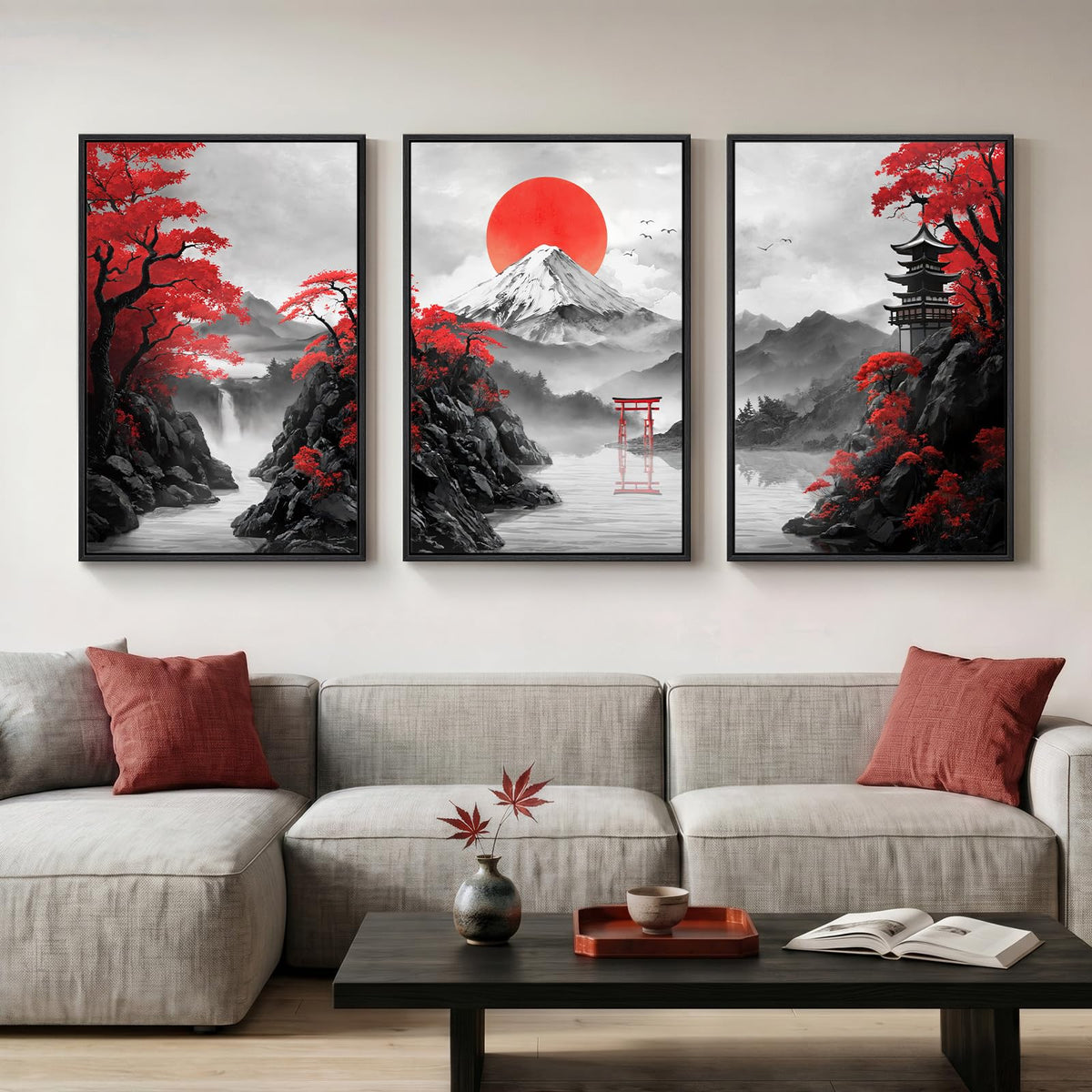 Large Framed Red Japanese Landscape Wall Art for Living Room (Red White / 24"L x 36"W)