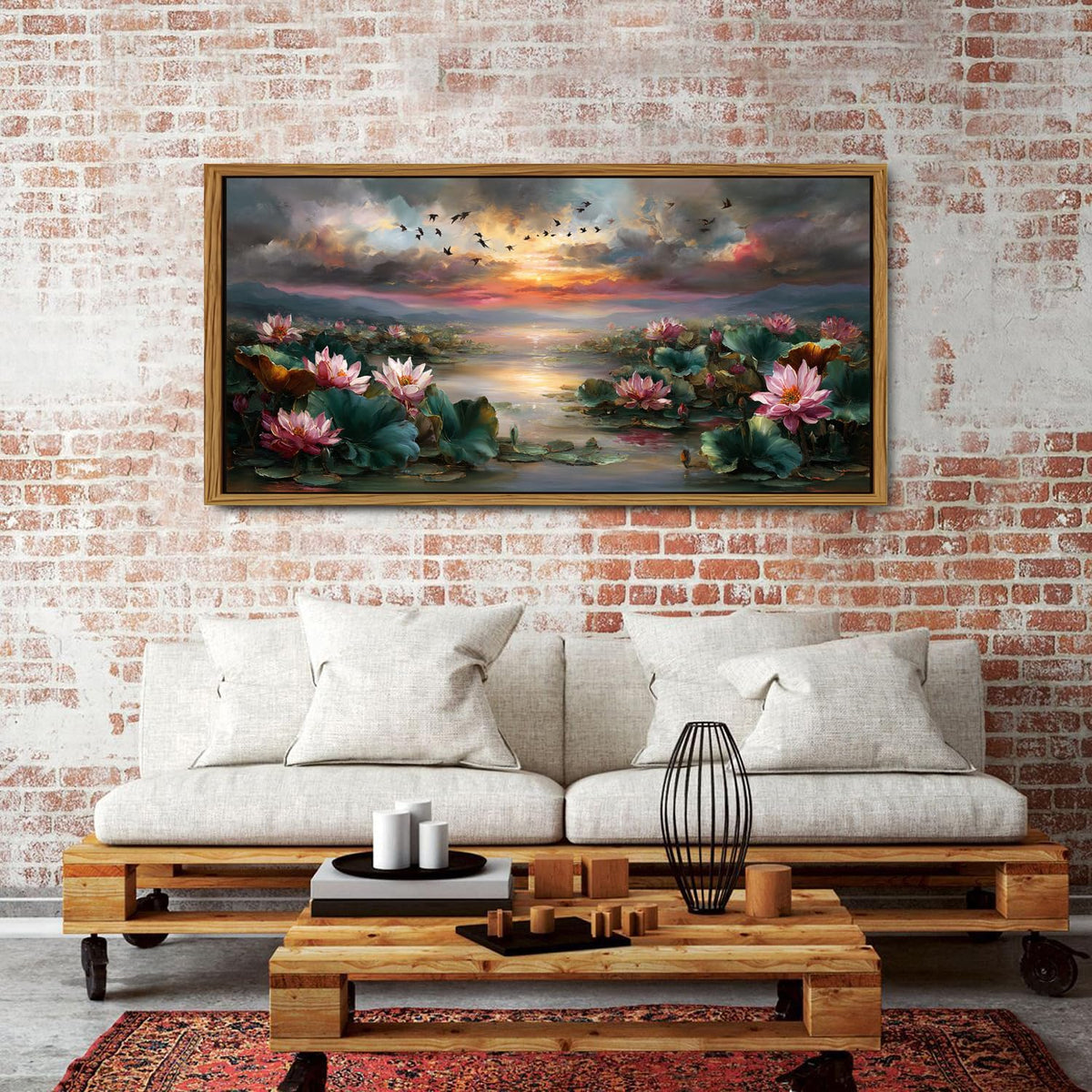 Zen Wall Art Framed Pink Lotus Flower Decor Abstract Blooming Botanical Canvas Prints Vintage Floral Pictures Nature Sunset Pond Landscape Modern Artwork for Bedroom Living Room Home Decoration 30x57.8" (30"L x 57.8"W / Lotus)