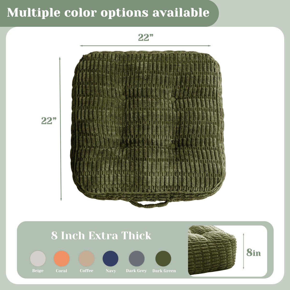 8" Floor Pillow Cushion for Adults (Square Dark Green / 8" Thick(Pack of 2))