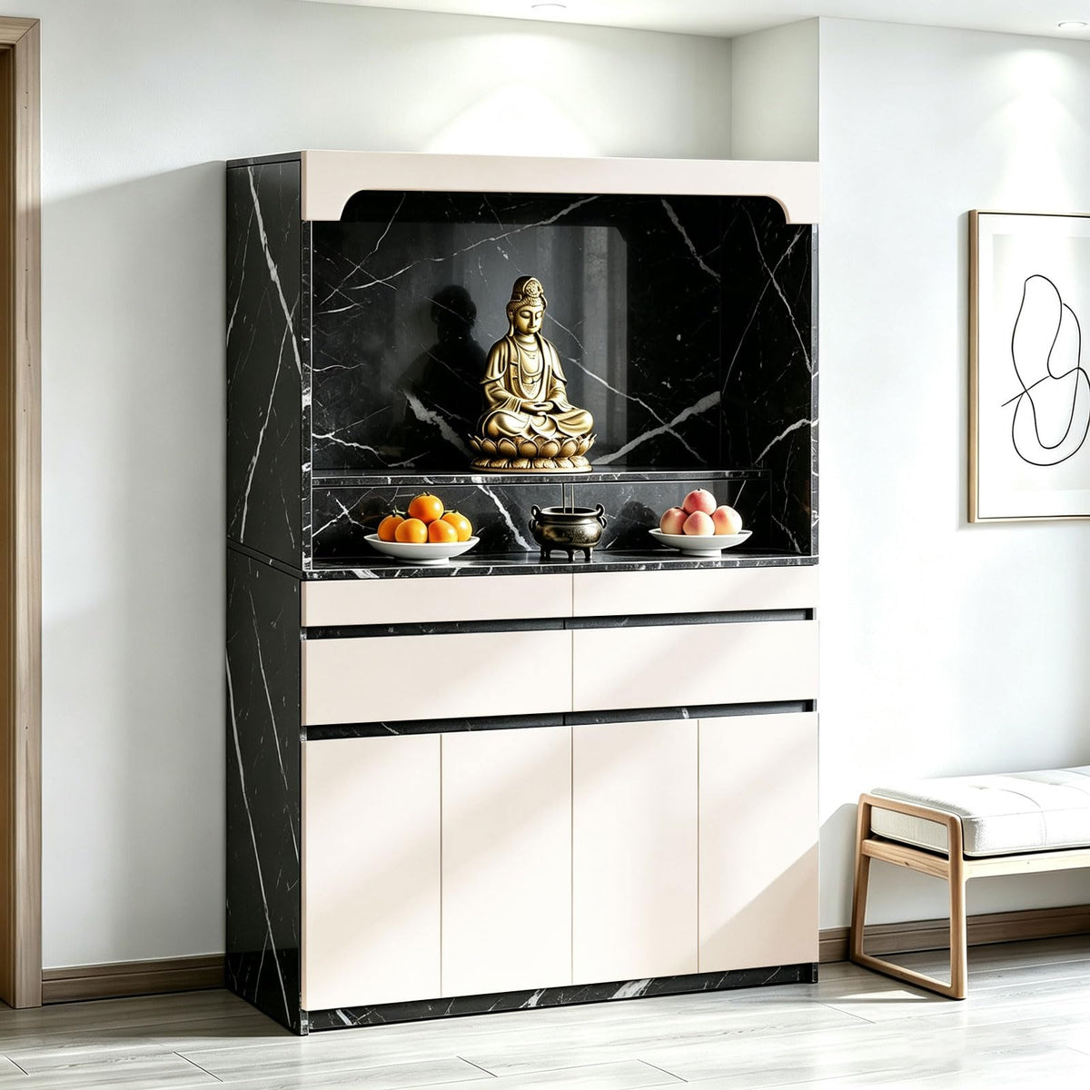 Altar Table Pooja Cabinet with Drawers and Storage Cabinets (51.2×15.7×65.4in / Beige+black Grain)