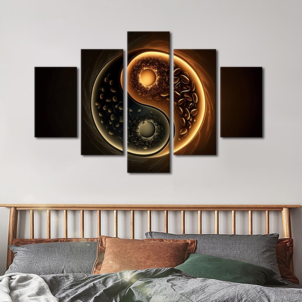 Canvas Wall Art Oversized Coffee Inspired Yin Yang Design Stretched Framed Painting Five Piece Set Modern Kitchen Decor Coffee Lover Gift Ready to Hang 60" Wx40 H (60''Wx40''H / Artwork-05)