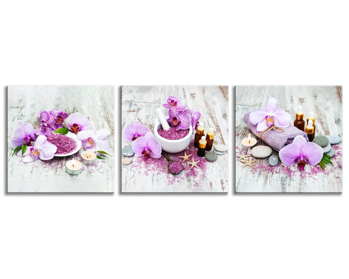 3Pcs Purple Zen Orchid Flowers Lavender Spa Canvas Prints Art Zen Floral Wall Art Aromatherapy Bath Salts Decor for Home Purple Ready to Hang Canvas Art for Relaxation Wellness Spaces (14X14inchX3pcs / Spa&Orchid)