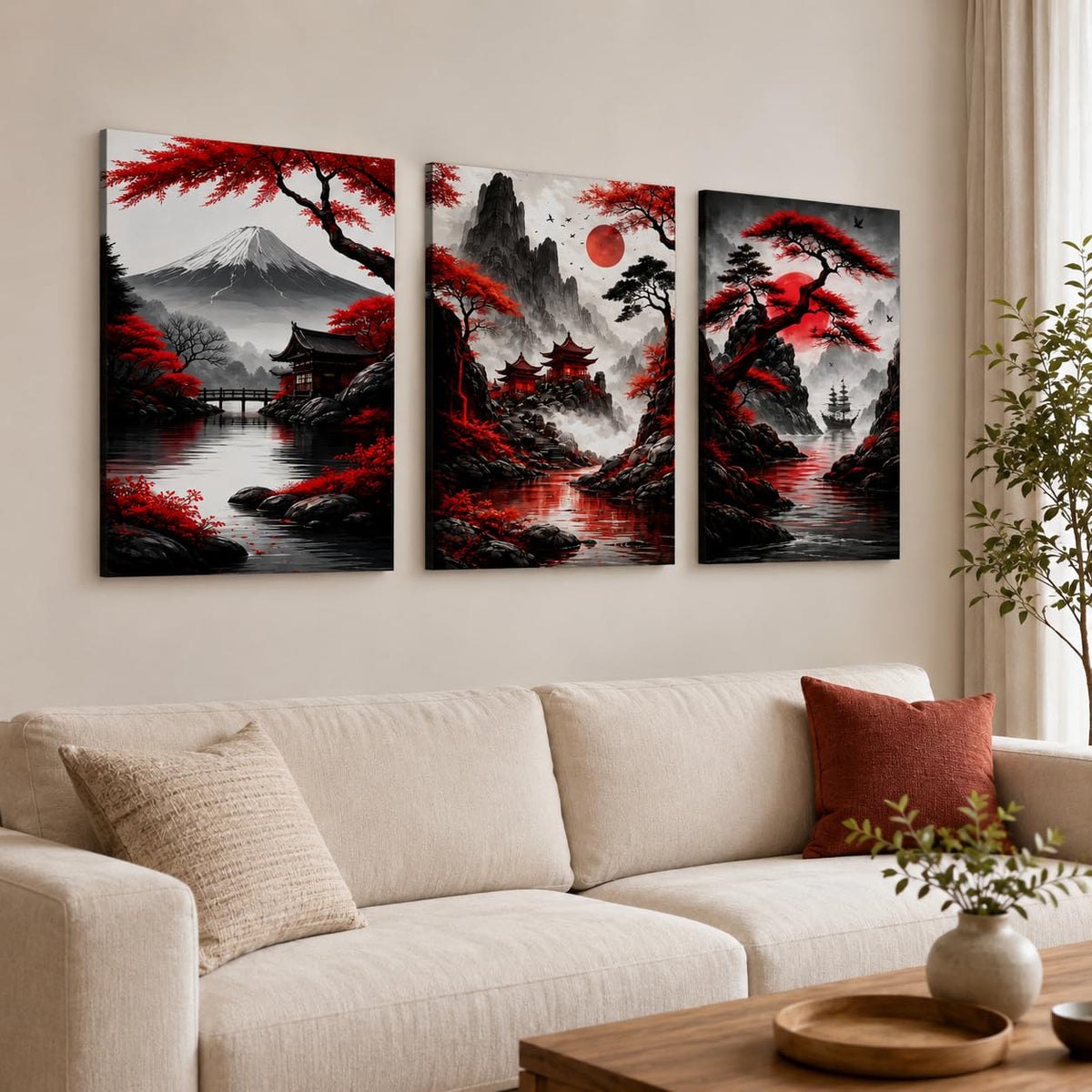 3 Piece Wall Art 16x20 Framed Canvas Wall Decor Red Sun Pagoda Mountain Landscape Pictures for Living Room Bedroom Study Hallway Easy No Drill Hanging with Strips and Hooks (Ancient style landscape canvas painting58)