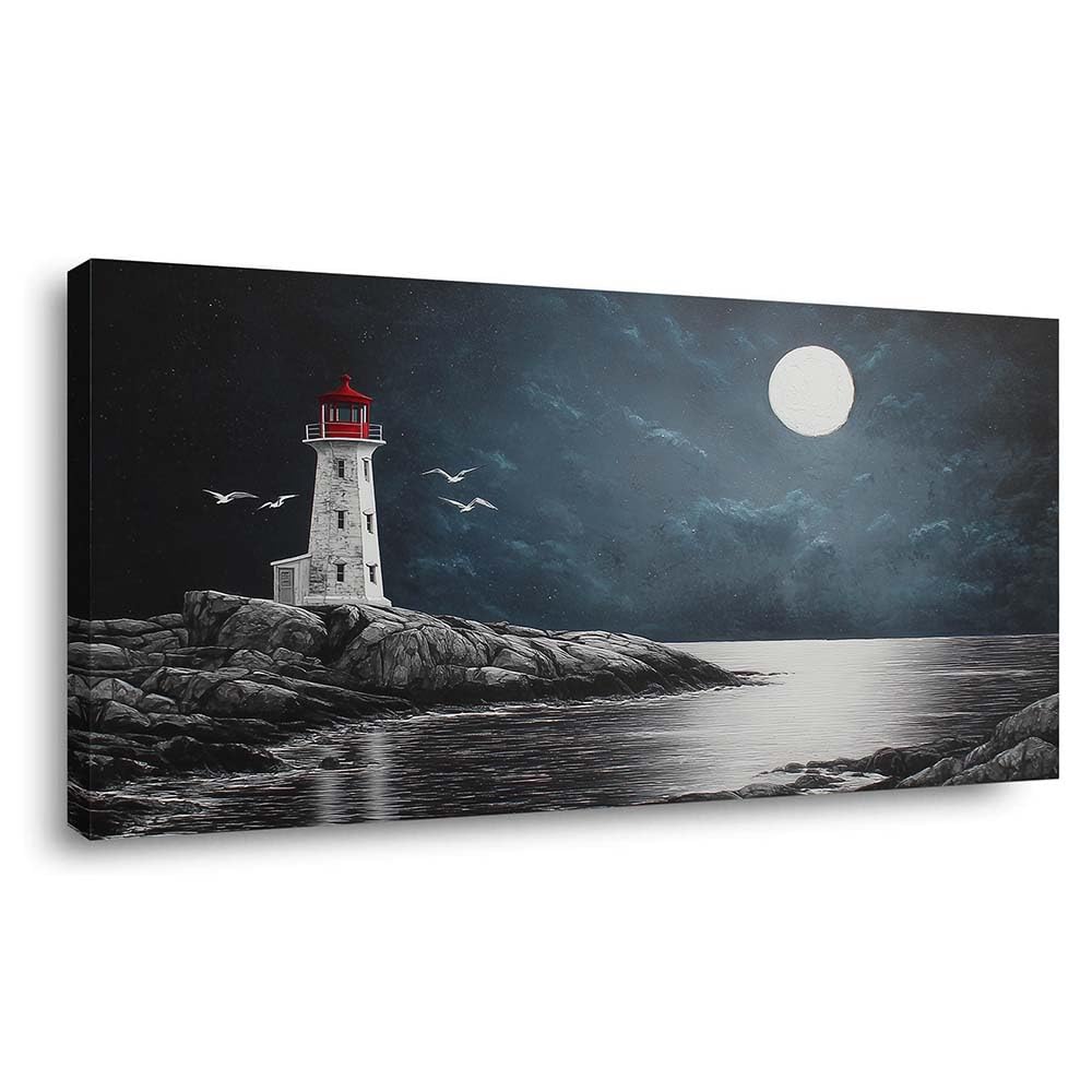 Moonlit Lighthouse Canvas Wall Art Red Roof Coastal Ocean Night Landscape Painting Flat Print Gallery Wrapped Nautical Artwork for Living Room Bedroom Bathroom Decor (Coastal / Lighthouse Moon 37 / 58"L x 28"W)