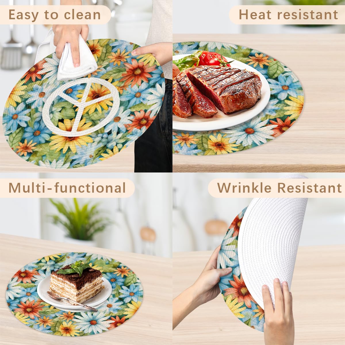 Peace Flowers Woven Placemats Round Placemats Set of 4 Festival Party (A 015 / 4 pieces)