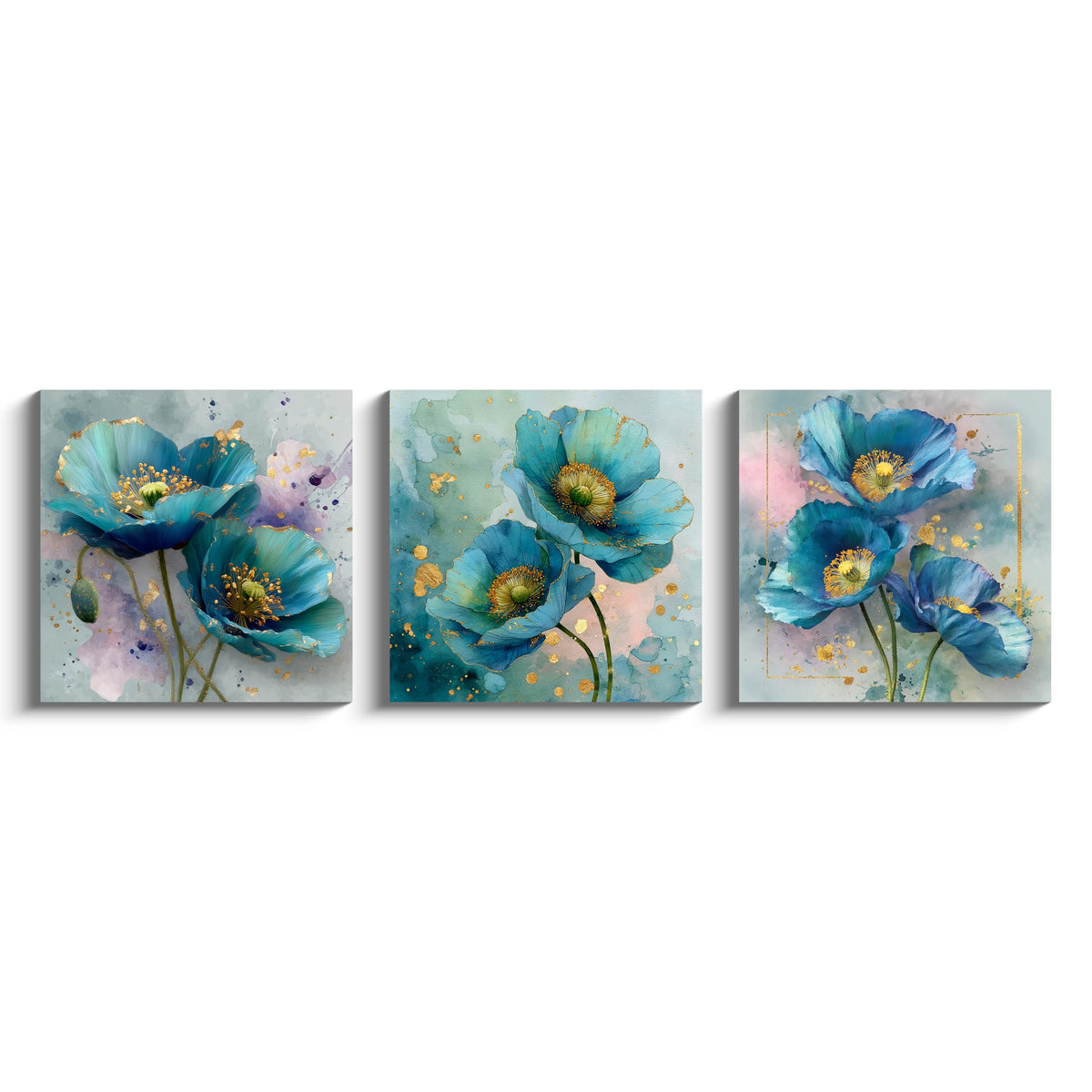 3Pcs Blue Teal Poppy Flower Wall Art Canvas Print with Gold Accents Modern Botanical Floral Contemporary Watercolor Style Elegant Flower Artwork for Living Room Bedroom Home Office Wall Decor (20 x 20 inches (3-Piece Set) / Blue Poppy)
