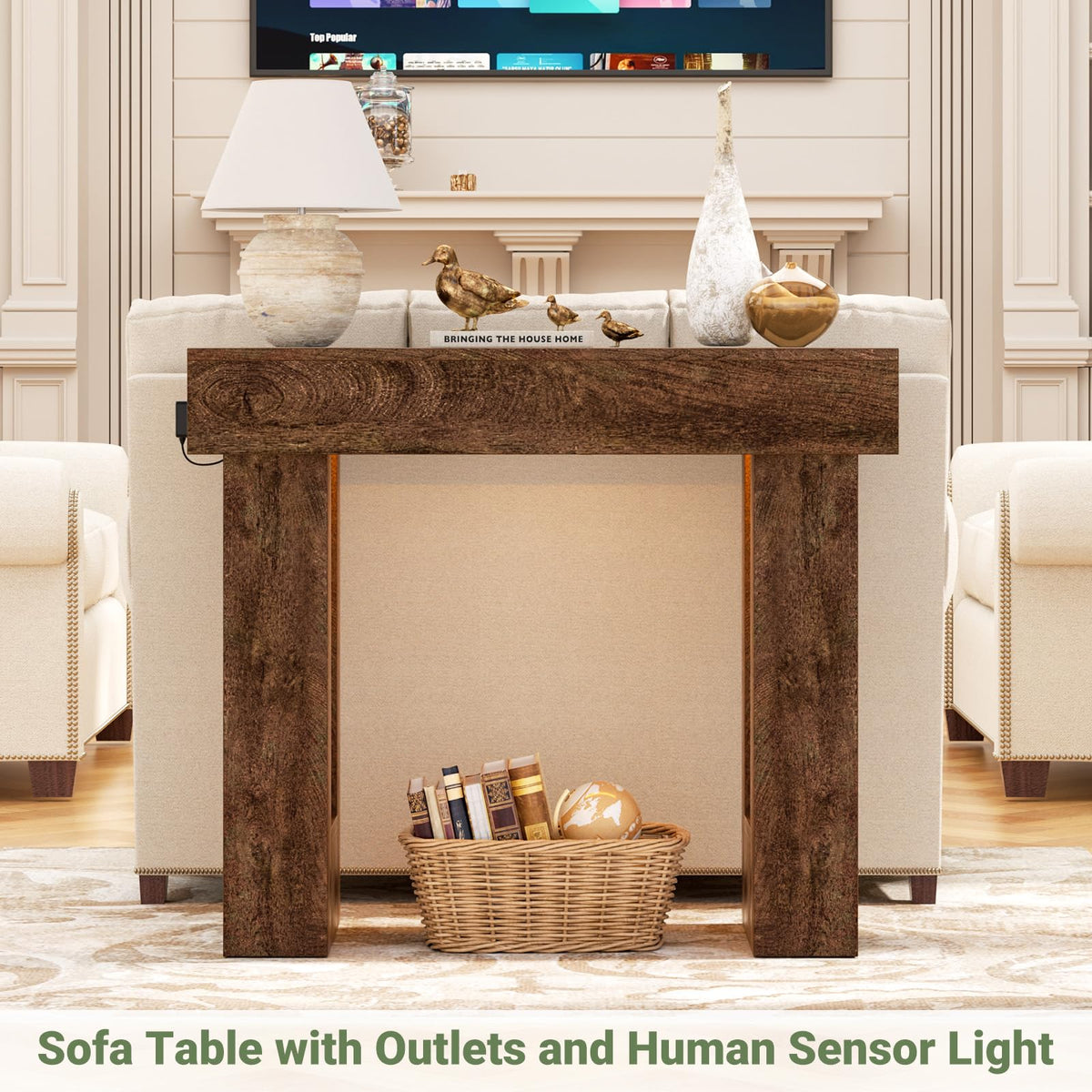 39" Entry Table with Sensor Light & AC Outlets with USB (Rustic Oak / 39IN)