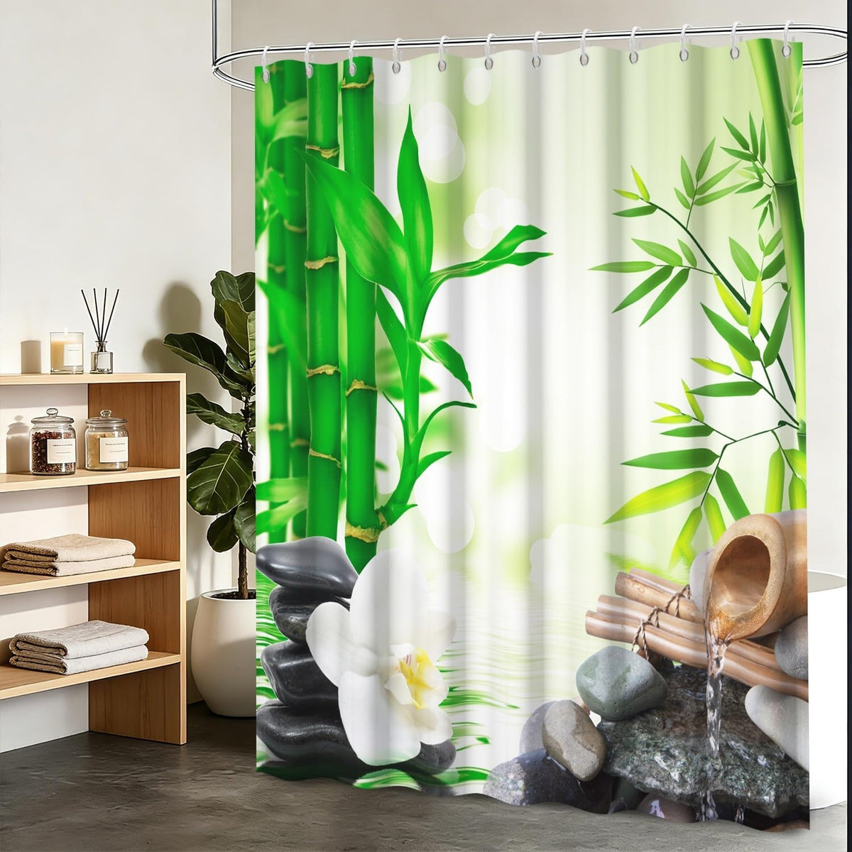 Zen Shower Curtains for Bathroom Zen Spa Shower Curtain Lotus Bamboo Stone Meditation Relaxing Waterproof Polyester Fabric Bath Curtain Set with Hooks Bathtub Home Decor 60x72 inch (60"W x 72"L (Pack of 1) / Green 07)