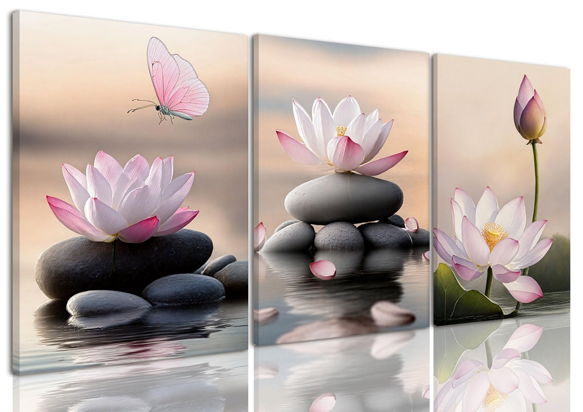 3 Piece Lotus Flower Wall Art Zen Bathroom Wall Decor Spiritual Canvas Art Yoga Room Pink Lotus Pictures Meditation Paintings Spa Artwork For Living Room Bedroom (Lotus Pink / 16x24in)