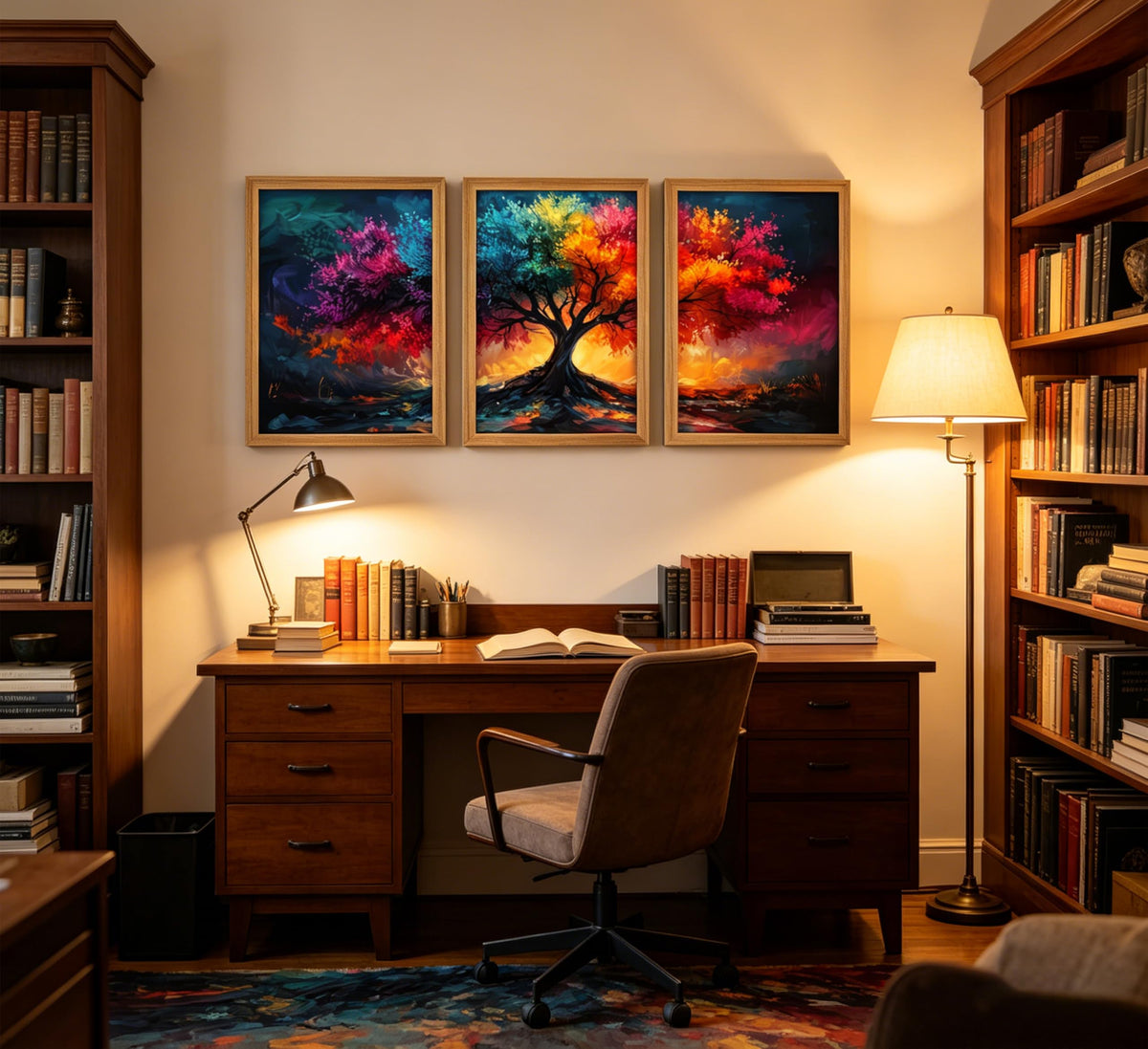 3Pcs Framed Colorful Tree of Life Canvas Wall Art (Multicolor / 16"L x 12"W)