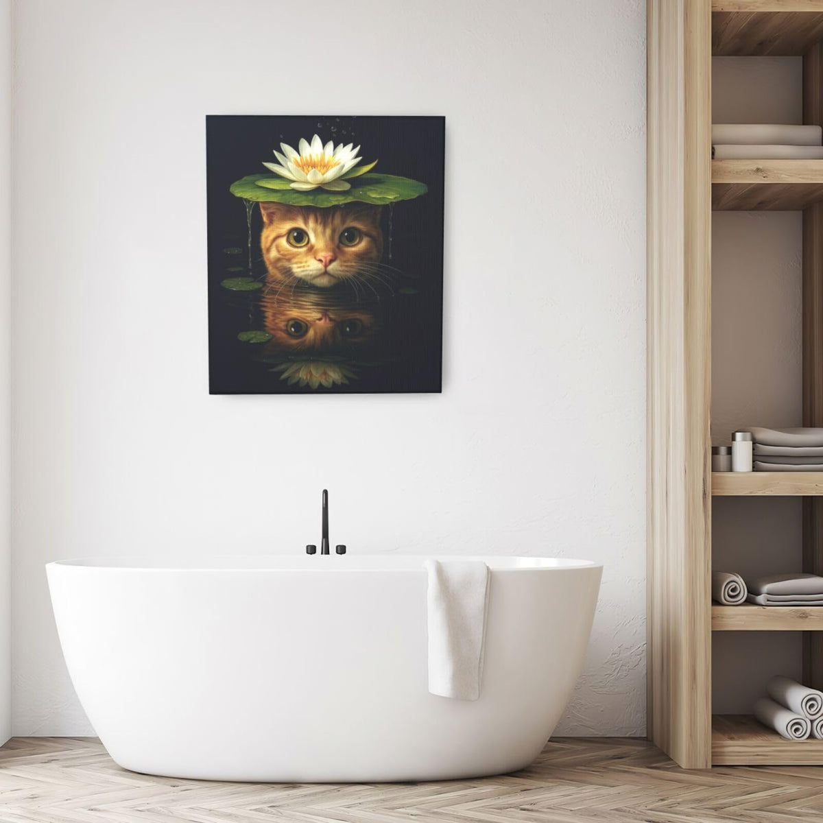 Cat Bathroom Wall Art For Woman Water Lily Kitten Canvas Wall Decor Oriental Asian Pictures Paintings Prints Vintage Aesthetic Artwork Framed Decorations For Bathroom Bedroom Living Room Office Gifts 20" x 24" (Waterlily Cat / 24"L x 20"W)