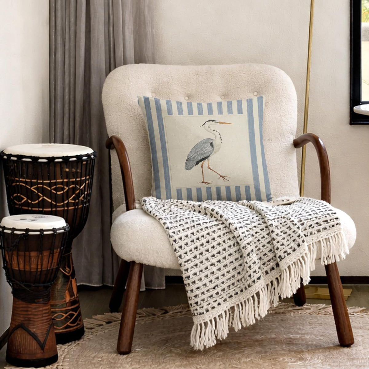 Great Blue Heron Striped Pillow Cover 18x18 (White-blue Heron Bird 18)