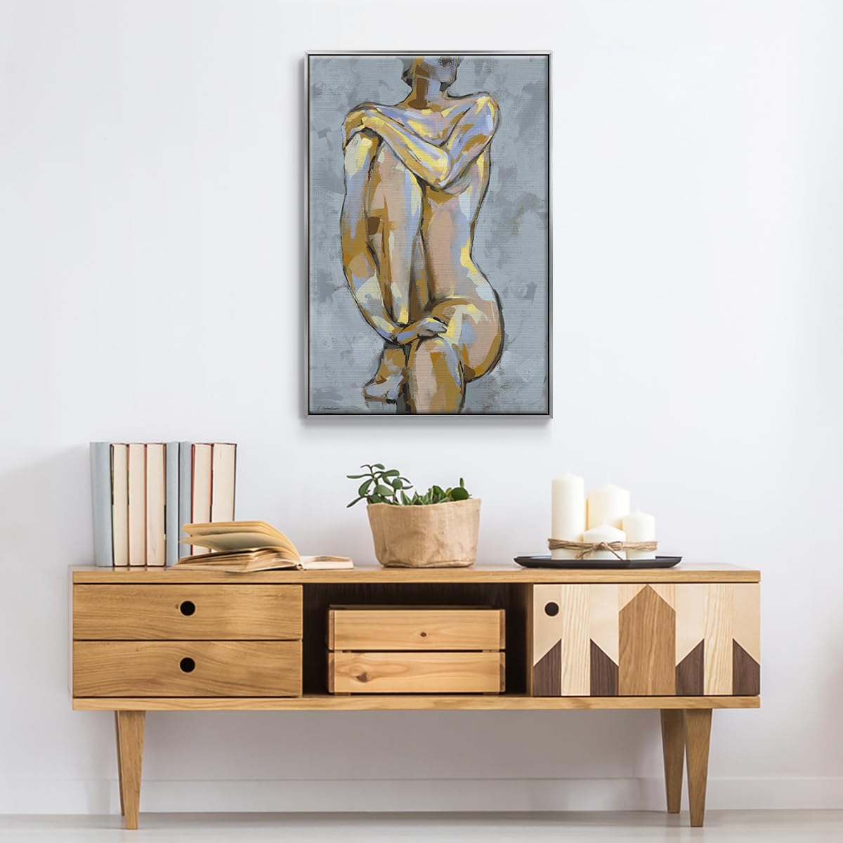Canvas Glam Wall Art Modern Home Prints Elegant Lady Posing Portrait Abstract Silver Floater Framed Paintings for Bedroom Office Kitchen (37"L x 25"W / Grey Maiden I)