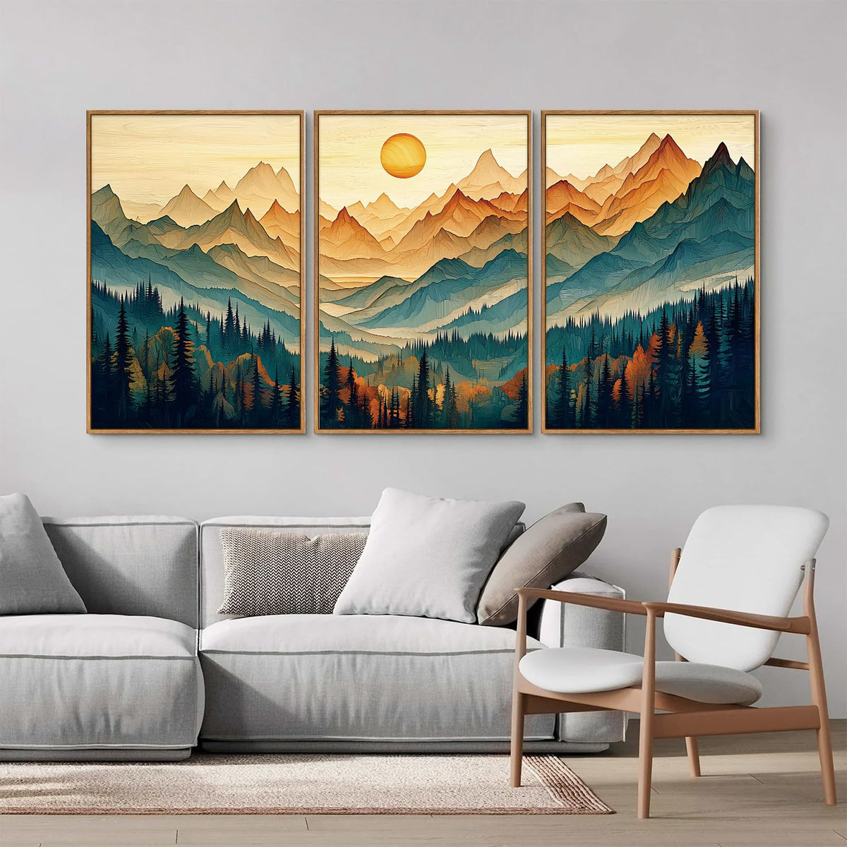 Large Mountain Framed Canvas Wall Art Set of 3 (Boho Mountains / 36"L x 24"W)