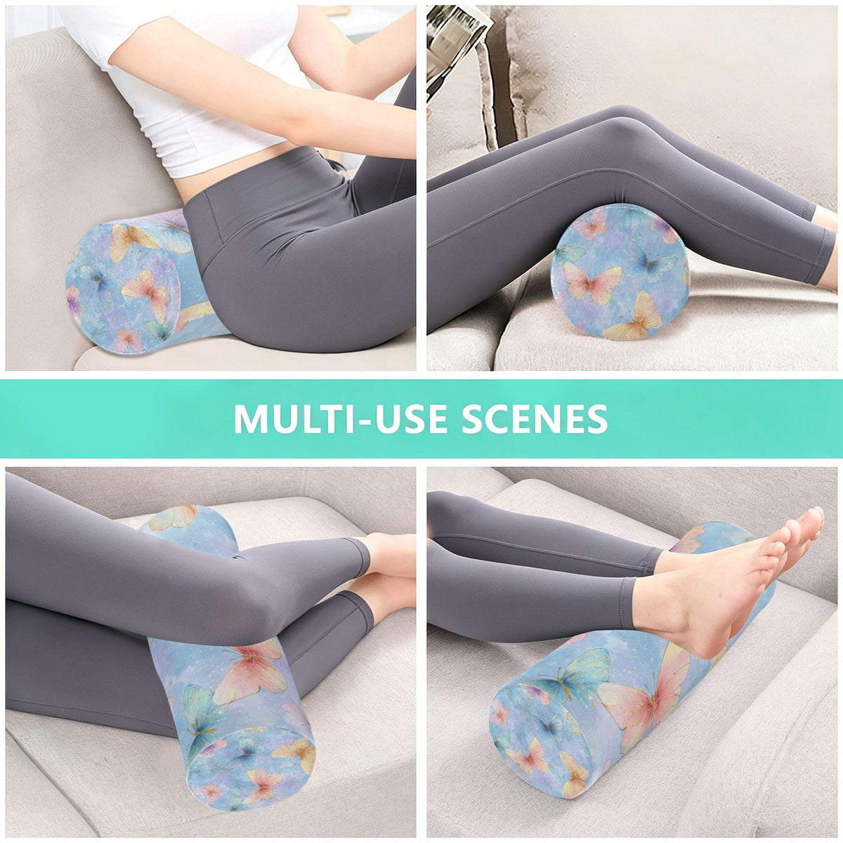 Neck Roll Pillow Bolster Pillows Round Health Memory Foam Long Cervical Cylinder Body Removable Washable Cover Bed Legs Back Yoga Butterfly Blue Pink (Butterfly 28)