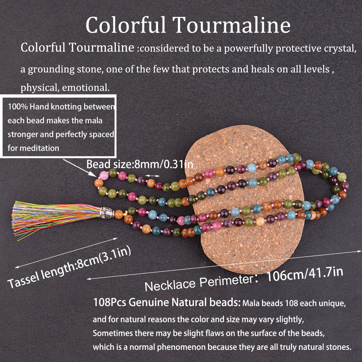 Mala Beads 108 Natural Stone GemStones Japamala Yoga Meditation Hand Knotted Beaded Tassel Necklace for Women Men (Colorful Tourmaline)