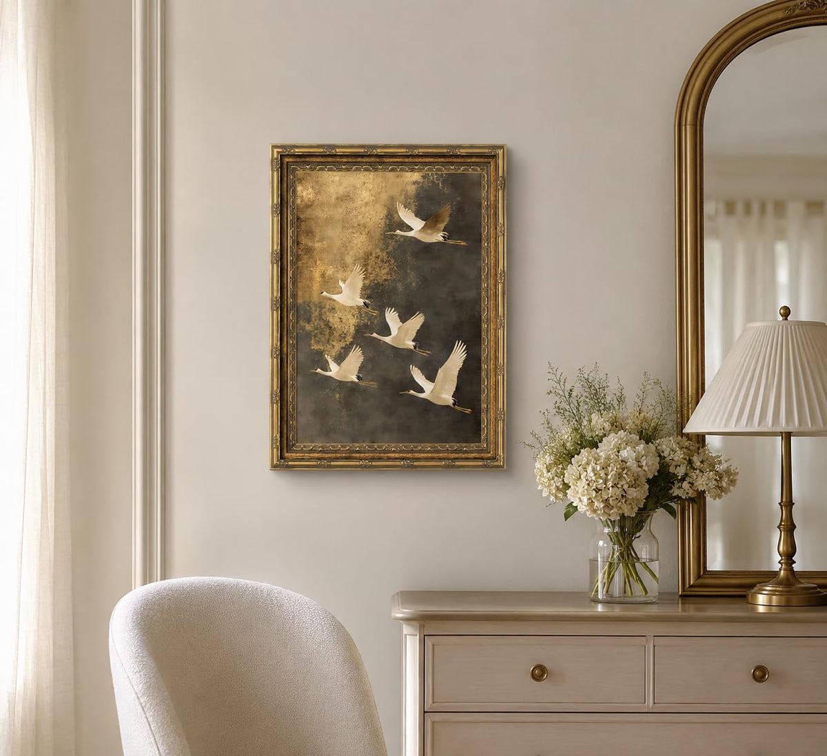 Gold Framed Japanese Flying Cranes Wall Art (Crane / 11"L x 9"W)