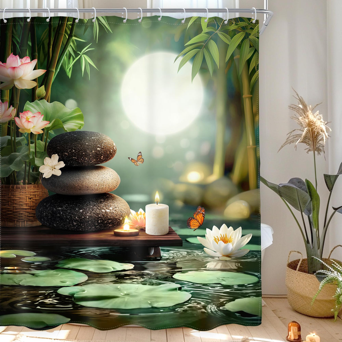 Zen Bamboo Lotus Moon Shower Curtain Stone Spa Pastel Candle 60Wx72L Inch (E-green Pink / 60"W x 72"L (Pack of 1))