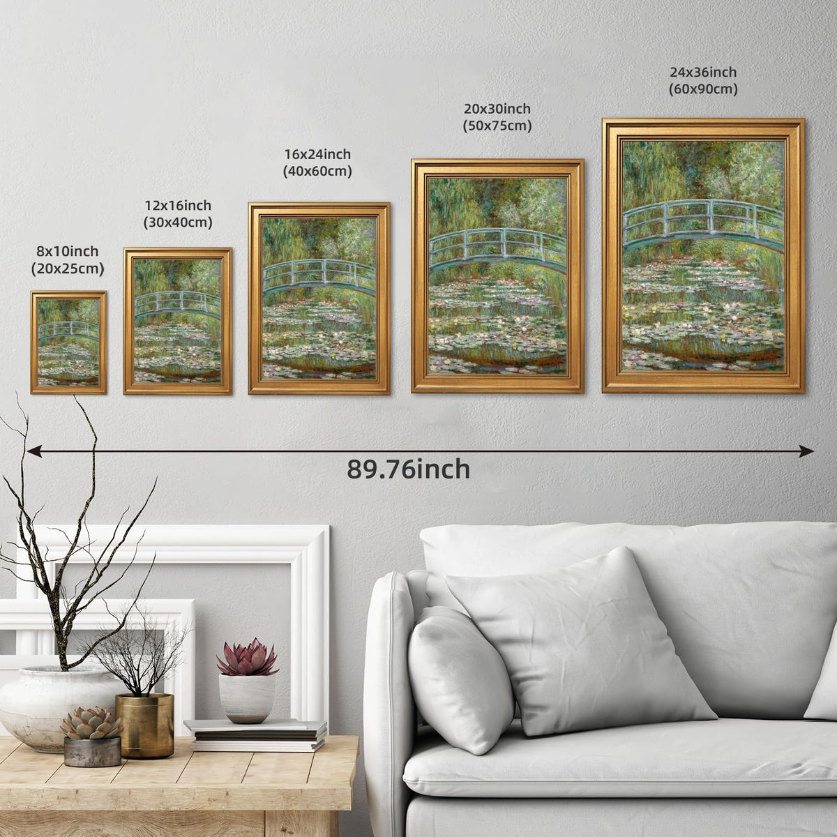 Gold Framed Bridge over a Pond of Water Lilies by Claude Monet Poster Impressionist Wall Art Prints Classic Nature Landscape Oil Painting Reproduction French Canvas Pictures Artwork Decor 20x30inch (20"L x 30"W / Bridge)