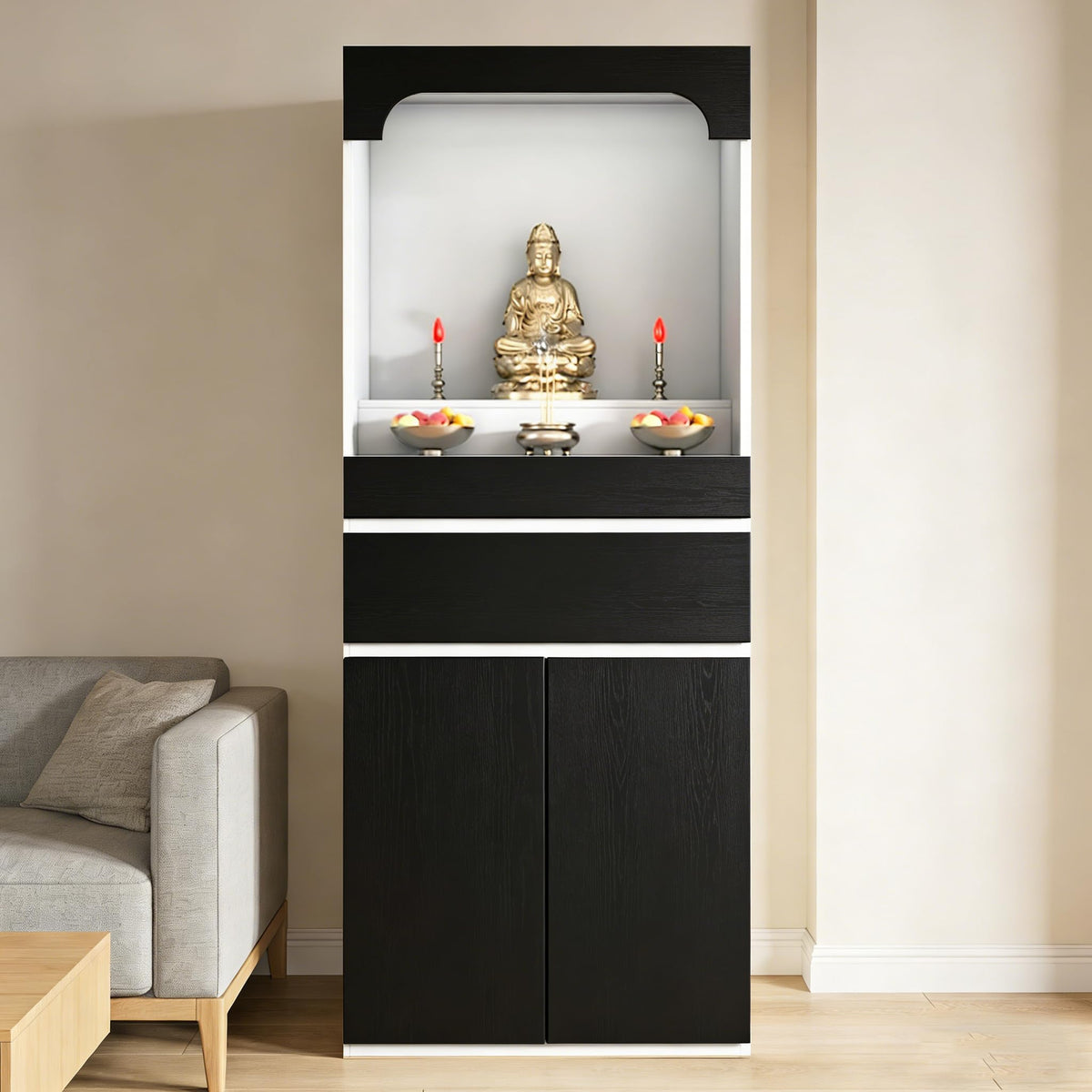 Altar Table Pooja Cabinet with Drawers and Storage Cabinets (23.6×15.7×65.4in / Black+white-2)